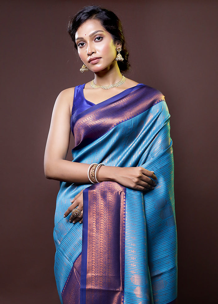 Blue Kanjivaram Silk Saree With Blouse Piece