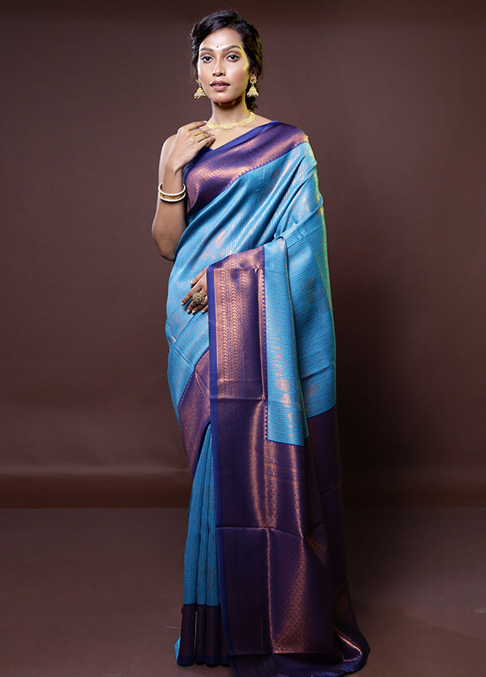 Blue Kanjivaram Silk Saree With Blouse Piece