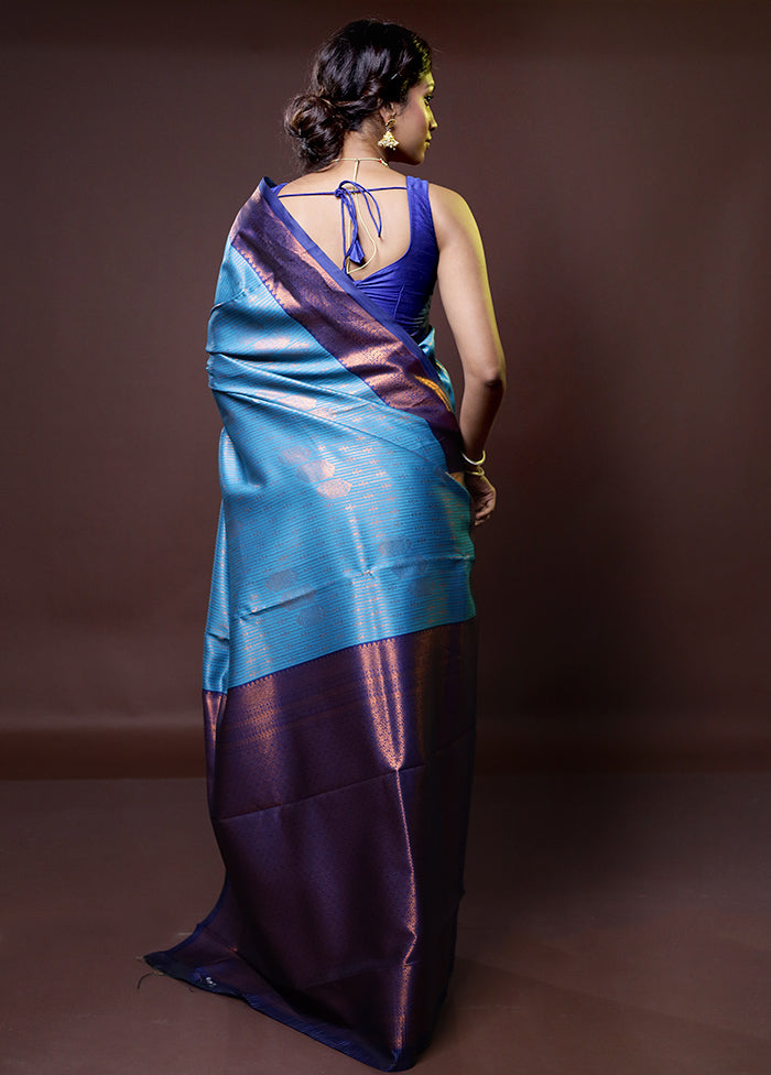 Blue Kanjivaram Silk Saree With Blouse Piece