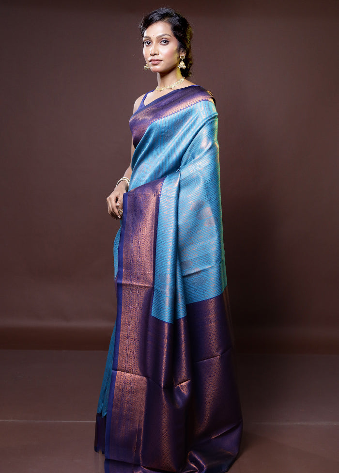 Blue Kanjivaram Silk Saree With Blouse Piece