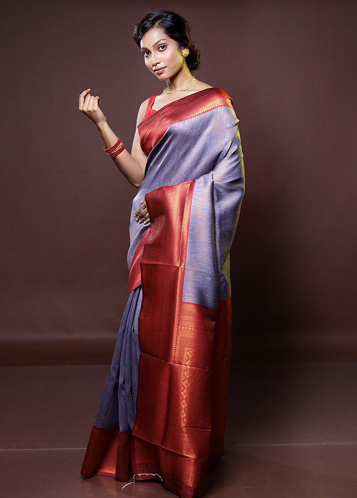 Grey Kanjivaram Silk Saree With Blouse Piece