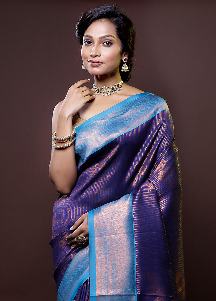 Blue Kanjivaram Silk Saree With Blouse Piece