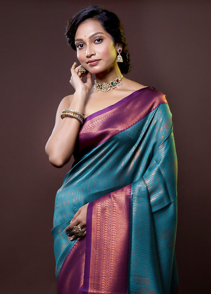 Blue Kanjivaram Silk Saree With Blouse Piece