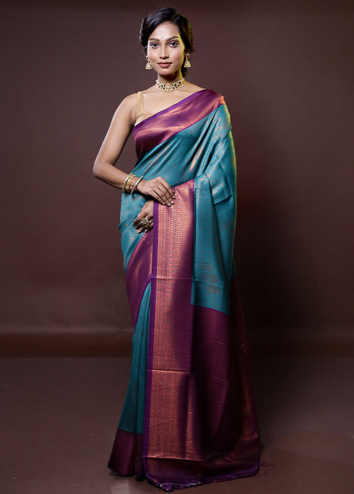 Blue Kanjivaram Silk Saree With Blouse Piece