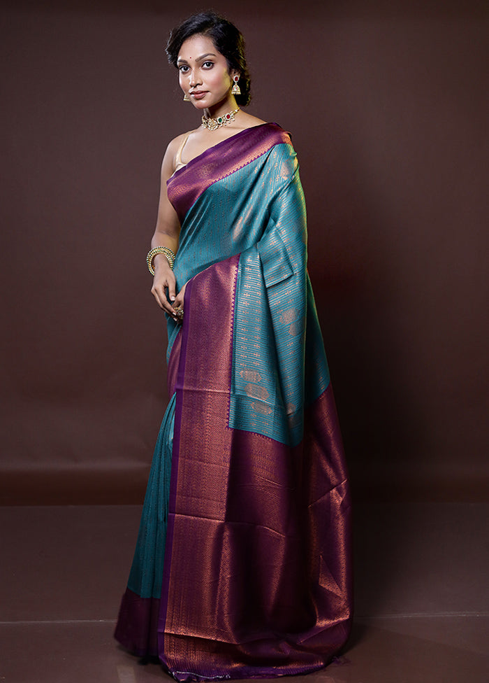 Blue Kanjivaram Silk Saree With Blouse Piece