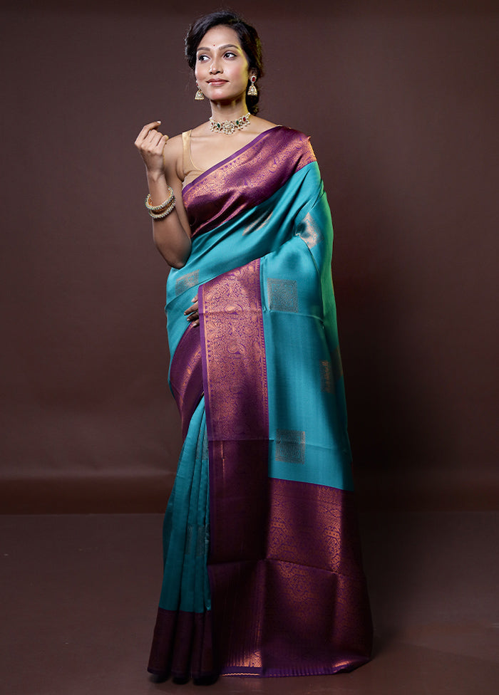 Blue Kanjivaram Silk Saree With Blouse Piece