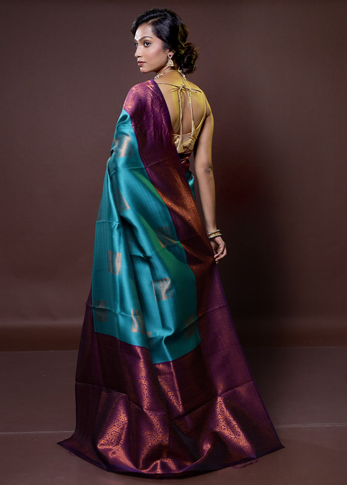 Blue Kanjivaram Silk Saree With Blouse Piece