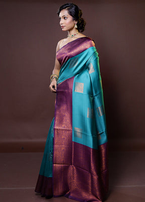 Blue Kanjivaram Silk Saree With Blouse Piece