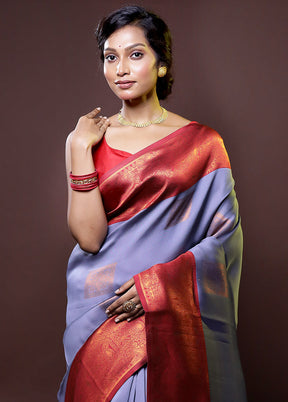 Grey Kanjivaram Silk Saree With Blouse Piece