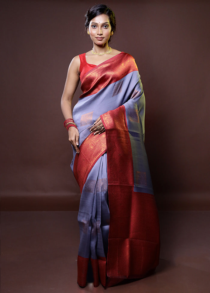 Grey Kanjivaram Silk Saree With Blouse Piece