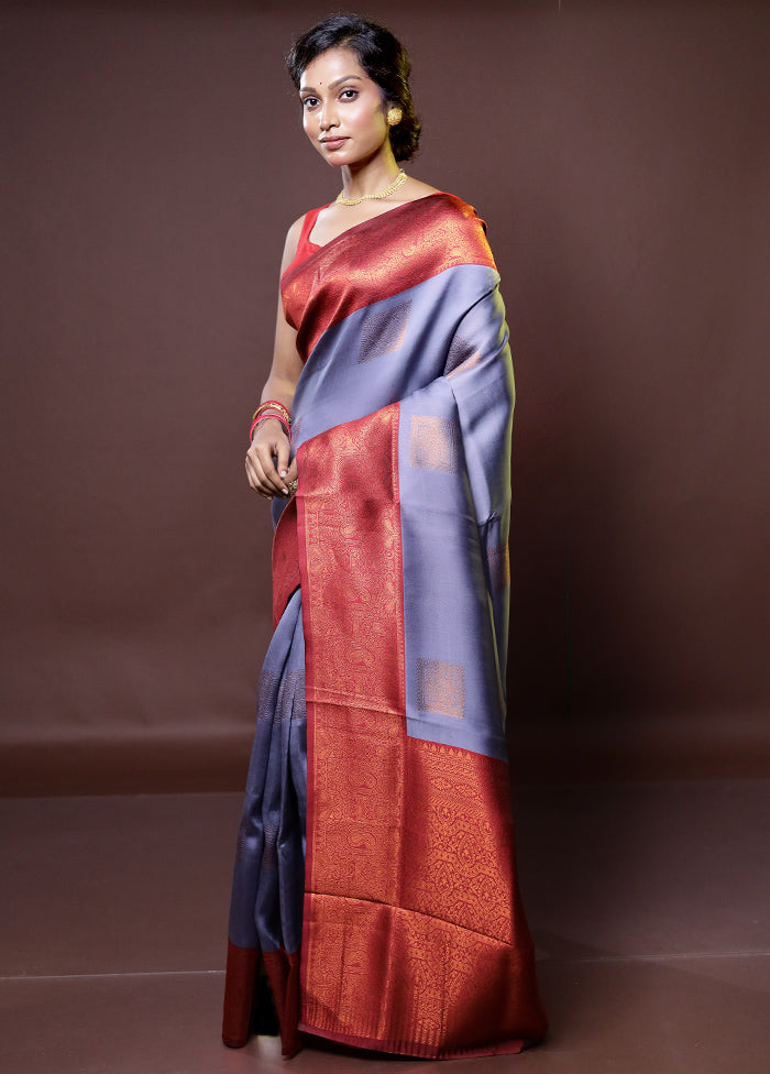 Grey Kanjivaram Silk Saree With Blouse Piece