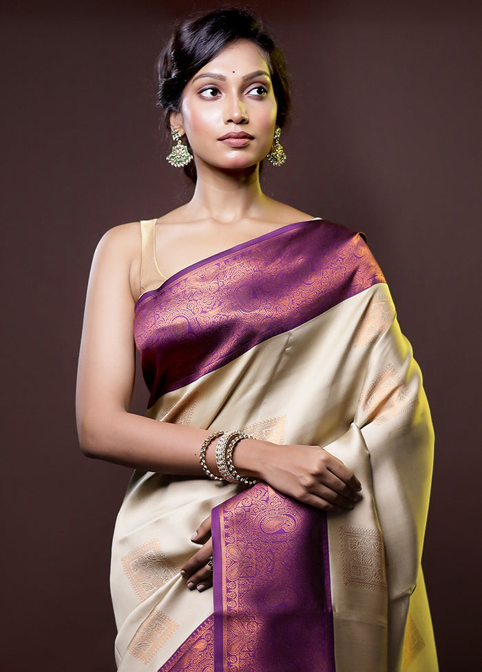 Cream Kanjivaram Silk Saree With Blouse Piece