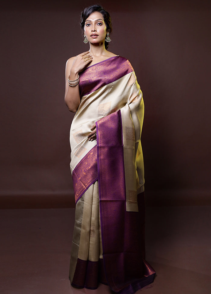 Cream Kanjivaram Silk Saree With Blouse Piece