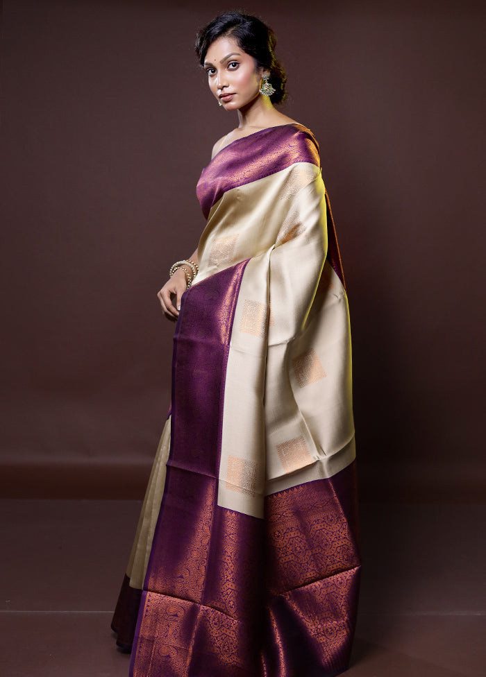 Cream Kanjivaram Silk Saree With Blouse Piece