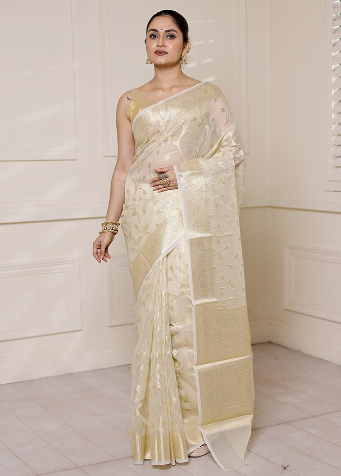 Cream Organza Saree With Blouse Piece