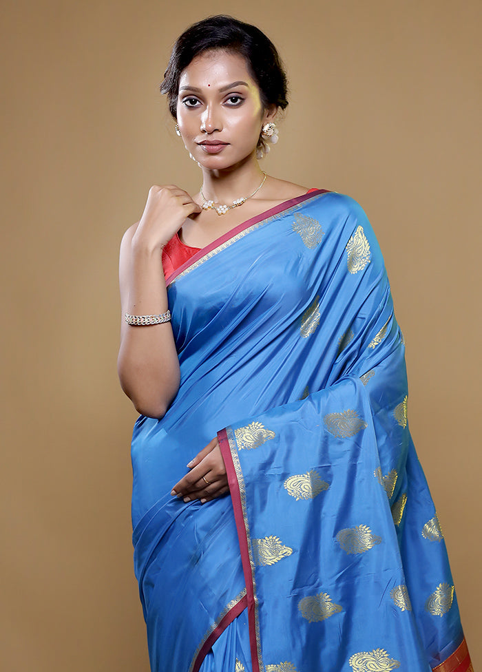 Blue Kanjivaram Silk Saree With Blouse Piece