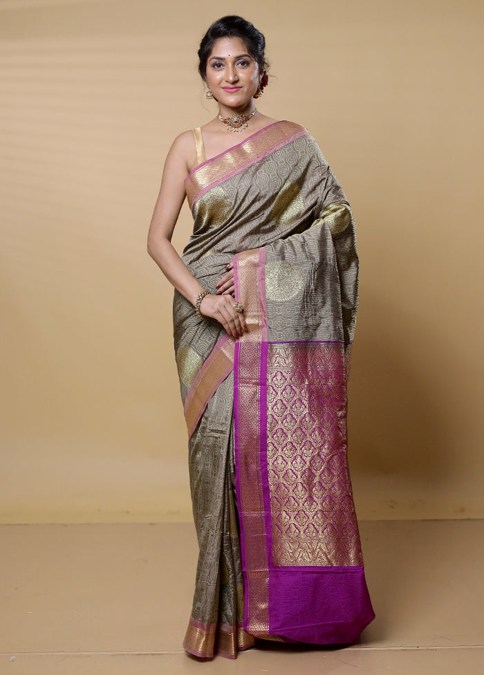 Grey Kanjivaram Silk Saree With Blouse Piece