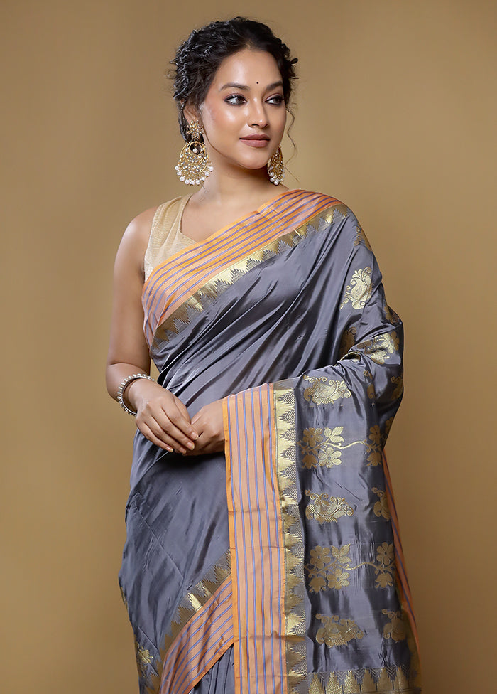 Grey Kanjivaram Silk Saree With Blouse Piece