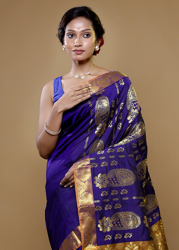 Blue Kanjivaram Silk Saree With Blouse Piece