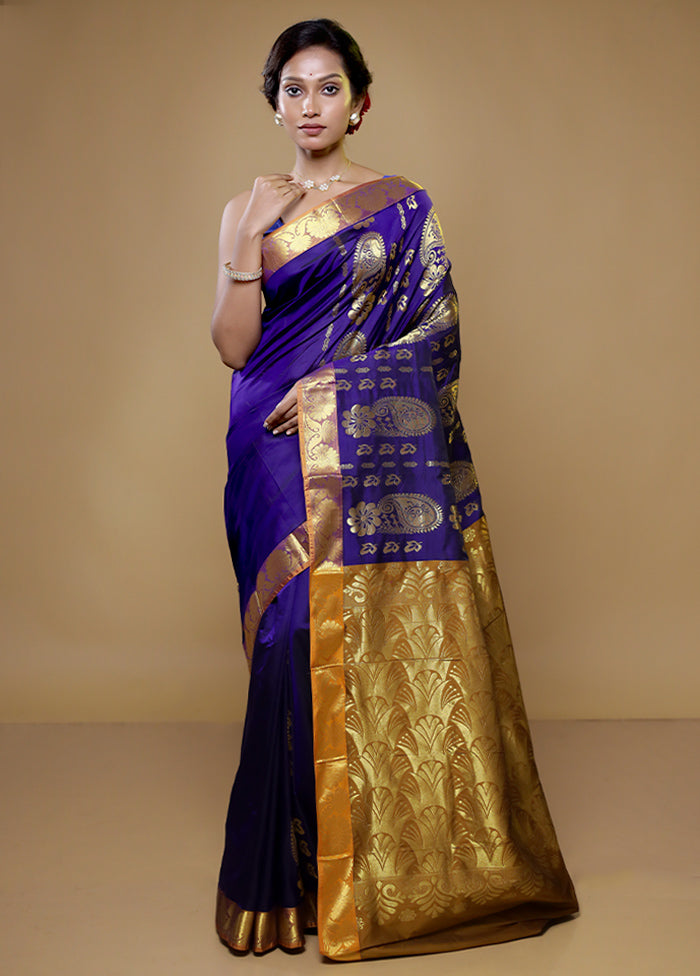 Blue Kanjivaram Silk Saree With Blouse Piece