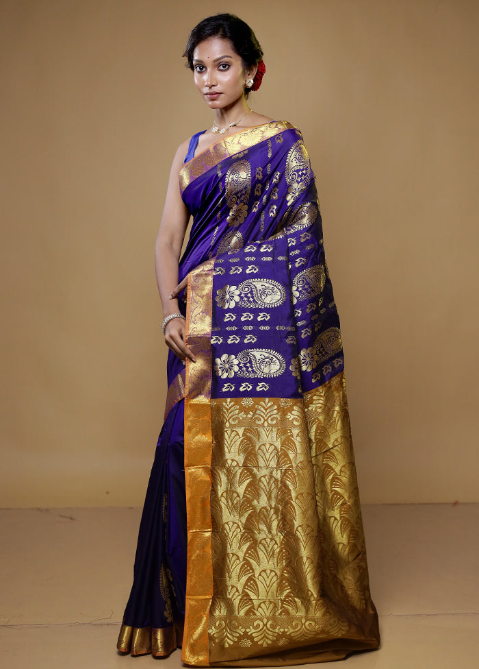 Blue Kanjivaram Silk Saree With Blouse Piece