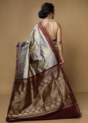 Grey Kanjivaram Silk Saree With Blouse Piece