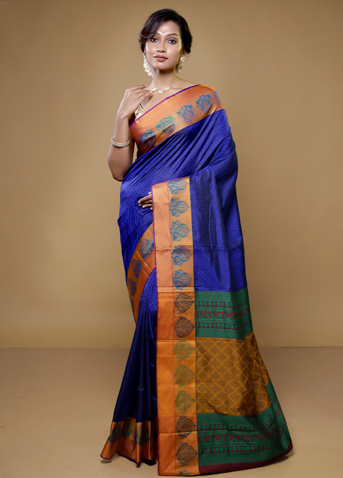 Blue Kanjivaram Silk Saree With Blouse Piece