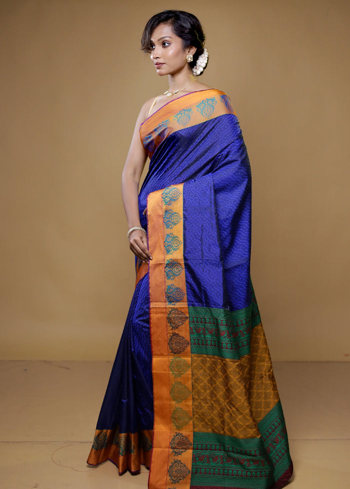 Blue Kanjivaram Silk Saree With Blouse Piece