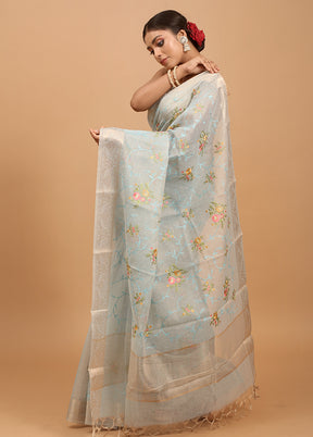 Blue Tissue Silk Saree With Blouse Piece