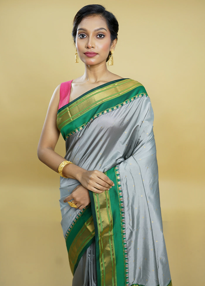 Grey Kanjivaram Silk Saree With Blouse Piece