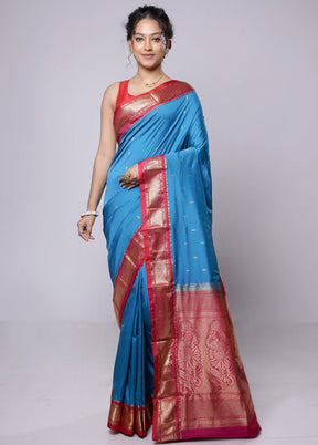 Blue Kanjivaram Silk Saree With Blouse Piece