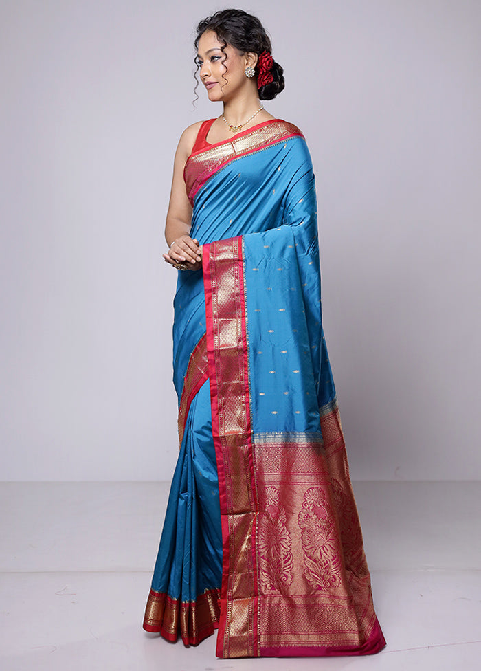 Blue Kanjivaram Silk Saree With Blouse Piece