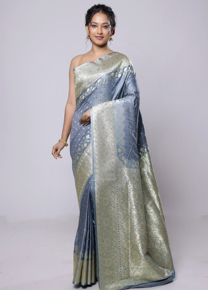 Grey Tanchoi Silk Saree With Blouse Piece