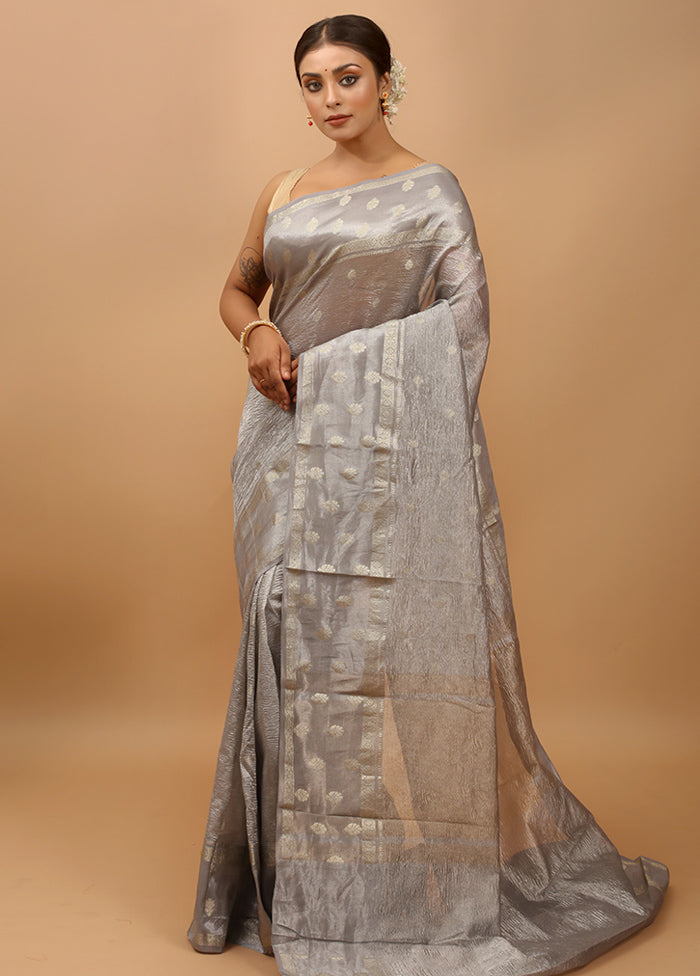 Grey Crushed Tissue Silk Saree With Blouse Piece