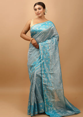 Blue Crushed Tissue Silk Saree With Blouse Piece