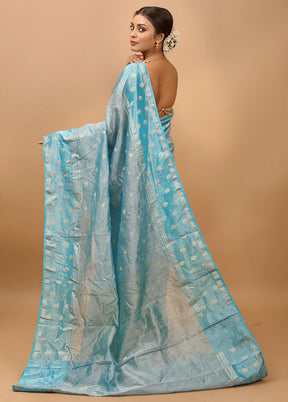 Blue Crushed Tissue Silk Saree With Blouse Piece