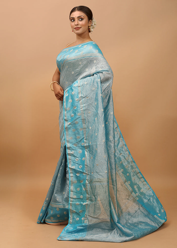 Blue Crushed Tissue Silk Saree With Blouse Piece