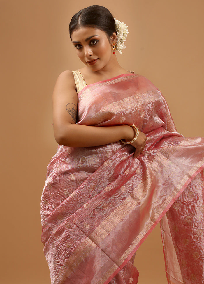 Pink Crushed Tissue Silk Saree With Blouse Piece