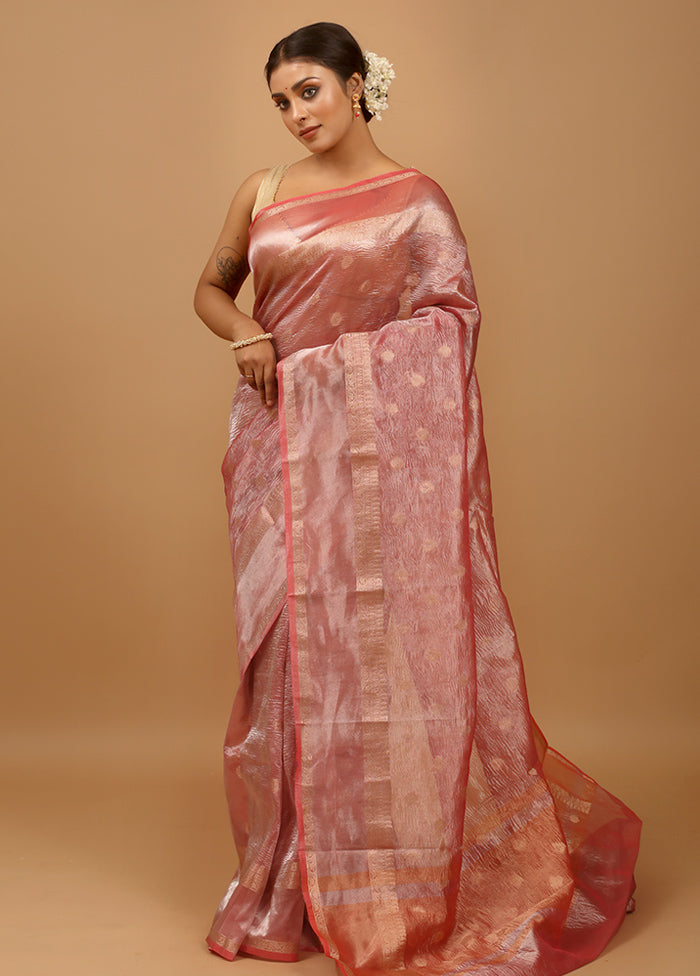 Pink Crushed Tissue Silk Saree With Blouse Piece