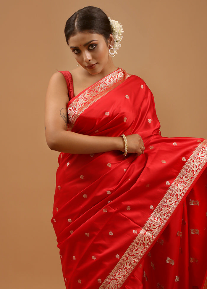 Red Banarasi Silk Saree With Blouse Piece