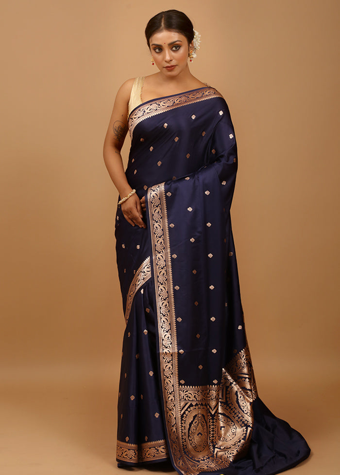 Blue Banarasi Silk Saree With Blouse Piece