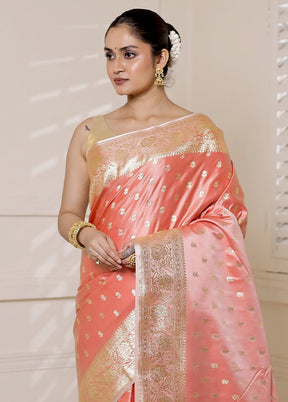 Pink Banarasi Silk Saree With Blouse Piece