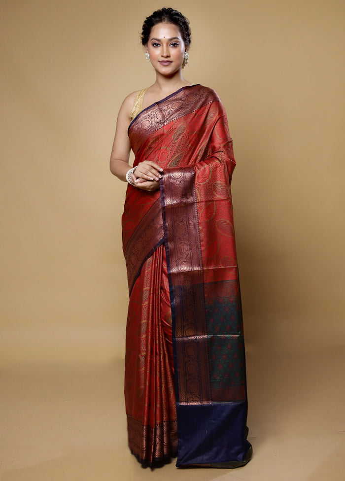 Red Jamewar Silk Saree With Blouse Piece