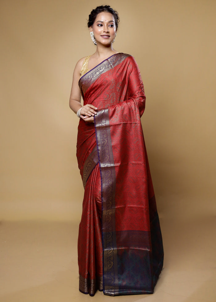 Red Jamewar Silk Saree With Blouse Piece