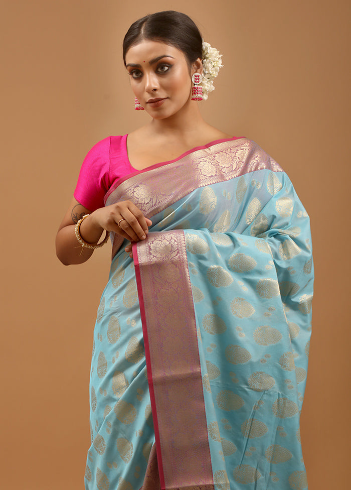 Blue Kora Silk Saree With Blouse Piece