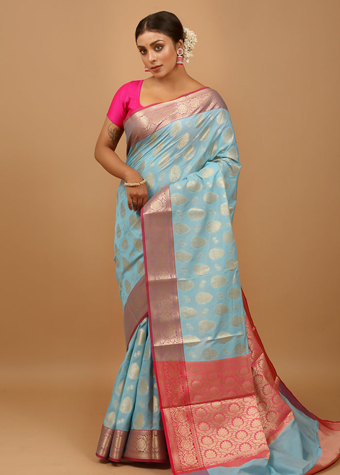 Blue Kora Silk Saree With Blouse Piece