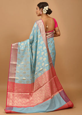 Blue Kora Silk Saree With Blouse Piece