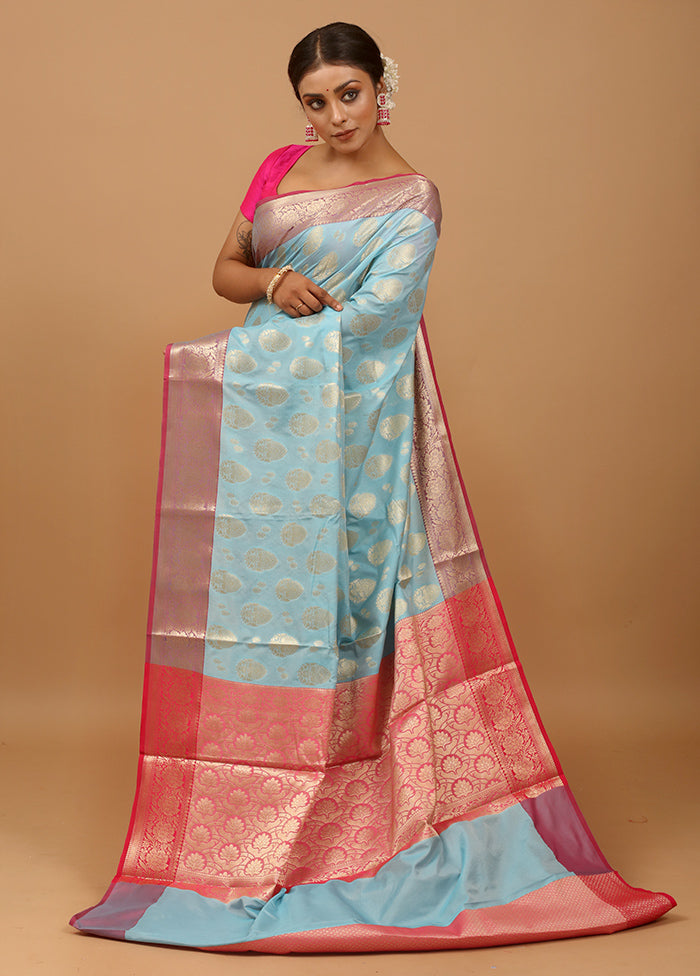 Blue Kora Silk Saree With Blouse Piece