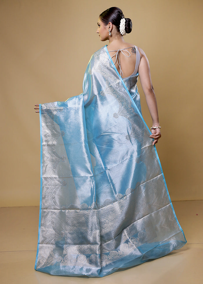 Blue Tissue Silk Saree With Blouse Piece