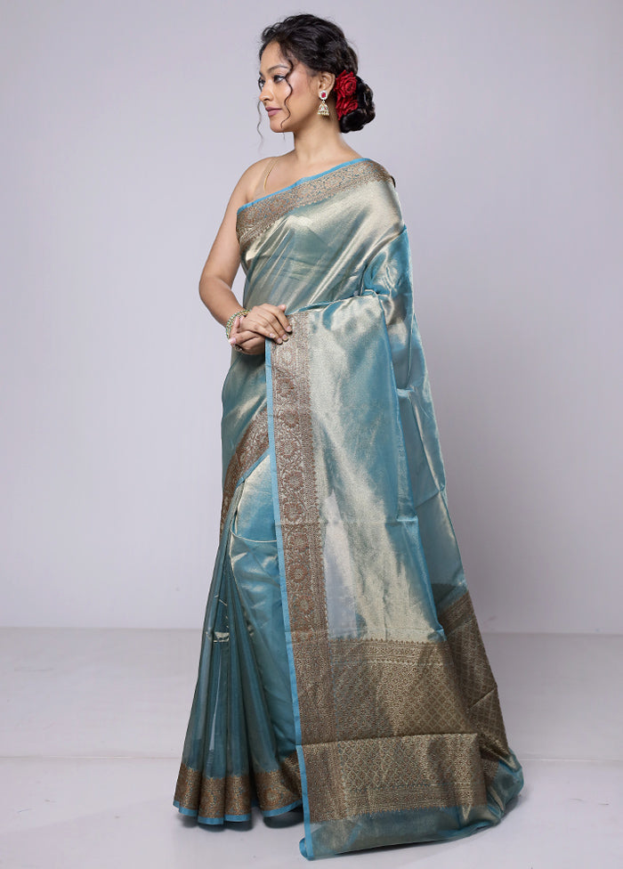 Blue Tissue Silk Saree With Blouse Piece